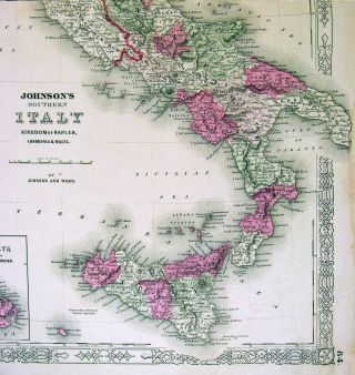 1864 Johnson Map - Italy Malta Sicily Rome Venice Florence Naples Milan Sardinia 3