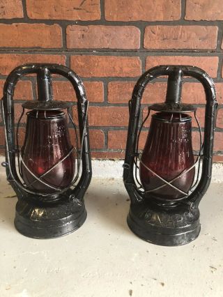 Pair Antique Dietz Monarch Tubular Red Fitzall Globe Railroad Lamp Lanterns