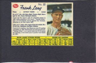 1962 Post Cereal Canadian 22 Frank Lary,  Rare,  Short Print,  Detroit Tigers