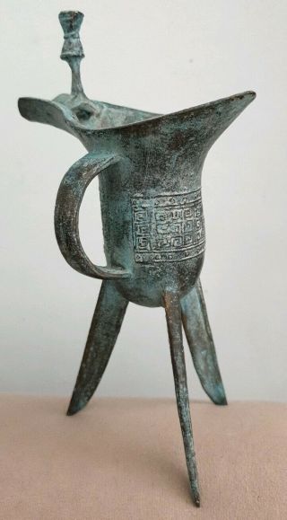 Antique Chinese Bronze Jue Ritual Wine Jug.  Archaic Ritual Jue.  Shang Dynasty.