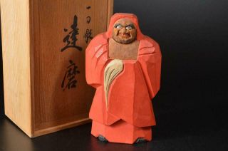 U1557: Japanese Wood Carving Daruma Statue Sculpture Ornament Doll W/signed Box