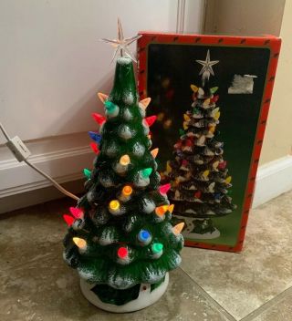 Rare Vintage 14” Inch Green Ceramic Lighted Christmas Tree And Base