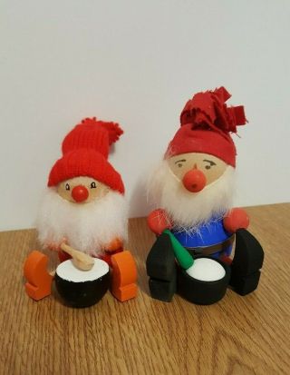 2 Vintage Swedish 1969 Handmade Gnome,  Santa Wood Figurine With Drums