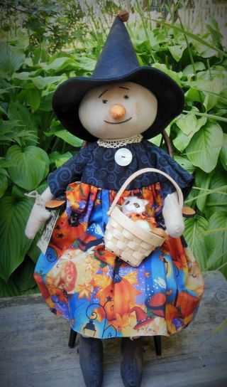 Primitive Halloween Snowman Witch Doll Antique Button Lace Hang Tag Basket Cat