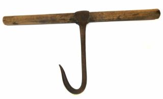 Primitive Antique Long Wood Handled Scalding Butcher Hook Farm Tool