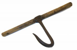 Primitive Antique Long Wood Handled Scalding Butcher Hook Farm Tool 2