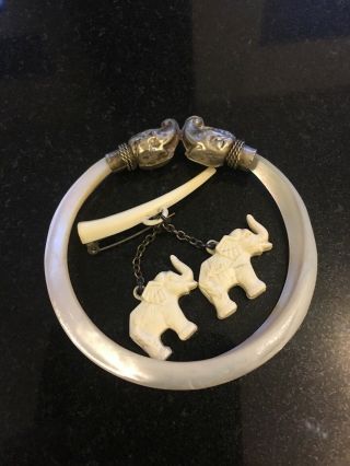 Antique Art Deco Early Plastic Double Lucky Elephants Pin Mop Bangle