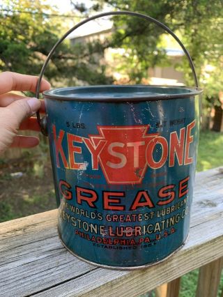 Rare Vintage Early Keystone Grease 5lb Oil Metal Can Bucket Gas Station Sign
