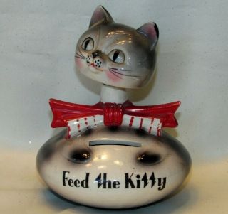 Rare Vintage Feed The Kitty Bobble Head Ceramic Collectible W/ Stopper Bank