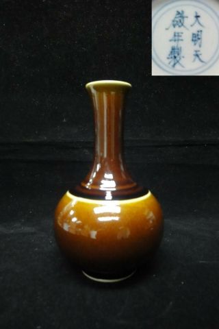 Rare Fine Old Chinese Brown Glaze Porcelain Bottle Vase " Tianqi " Marks