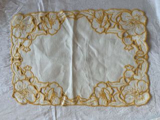 3 X Yellow Vintage Hand Embroidered Tray Cloth/placemats 19 X 13 "