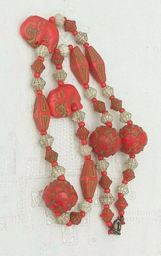 Antique Art Deco Czech Max Neiger Carved Elephant & Rose Glass Bead Necklace