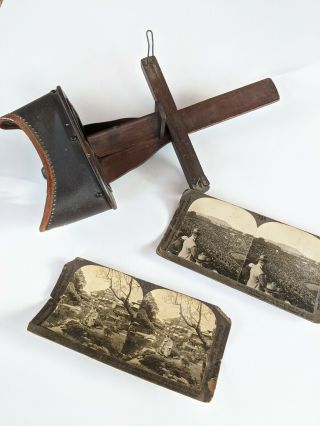 Antique Keystone View Co Wood Leather Stereoscope Viewer With 2 Picture Cards
