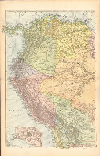 1893 Antique Map - South America North West,  Peru,  Ecuador,  Columbia,  Lima