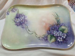 C.  1900 Antique Limoges France Hand Painted Platter Purple Flowers Artist Signed