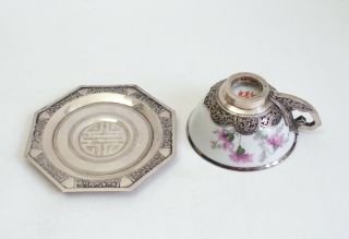 Fine Antique Chinese Porcelain Cup With Silver Mounts & Saucer 3