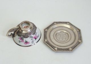 Fine Antique Chinese Porcelain Cup With Silver Mounts & Saucer 2
