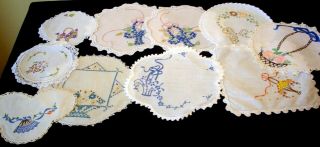 Bulk 10 Vintage Linen Hand Embroidered Doilies In Baskets Of Flowers