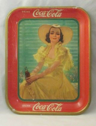 Antique Advertising Tin Coca Cola Coke Tray.  1938.  Girl / Yellow Dress & Hat Nr