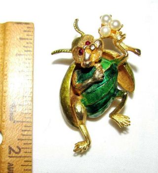 Rare Vintage Hattie Carnegie Enamel Rhinestone Pearl Bug Insect Beetle Pin 2 "