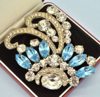 Rare Vintage Brooch Large 1940s Blue & Clear Crystal Silvertone Bridal Jewellery