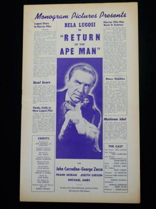 Return Of The Ape Man 1943 Bela Lugosi John Carradine Rare Monogram Pressbook
