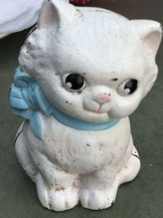 Vintage Antique Hubley ? Cast Iron Cat Kitten Still Bank Blue Bow Adorable