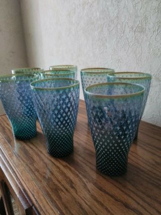 8 Rare Fostoria Needle Point Blue Green,  White Opalescent Amber Drinking Glasses
