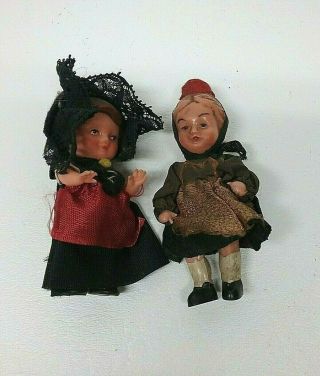 2 Vtg Miniature Doll House Dolls 1 Rubber 1 Celluloid - Marked Ech 3/8 3 " Tall