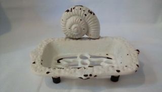 Vtg Style Antique White Cast Iron Seashell Soap Sponge Business Card Dish Tray