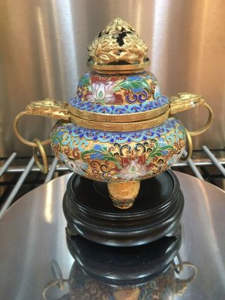 Chinese / Thai Stick Incense Burner Ornament Metal With Wood Base