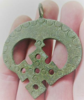 Ancient Viking Bronze Lunar Cross Pendant With Cross Circa 800 - 900ad