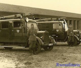 Rare German Feuer - Polizei (fire Police) Firemen W/ Fire Trucks In Field