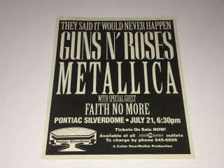 Guns N’ Roses Metallica Faith No More Rare Concert Poster 92 Pontiac Silverdome