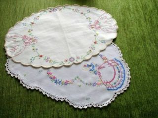 Vintage Tray Cloths - Hand Embroidered Crinoline Ladies X 2