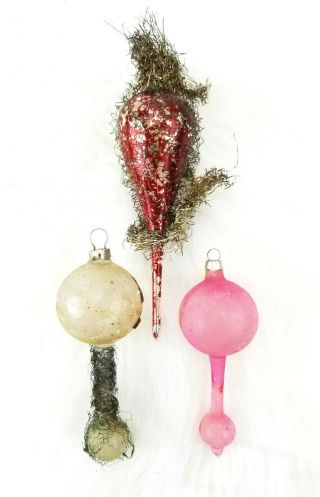 Antique German Hand Blown Glass Double Balloon Wire Wrapped Christmas Ornaments