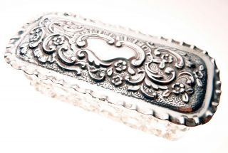 Antique Sterling Silver Repousse Top Cut Glass Trinket Box Birmingham 1901