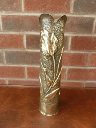 Antique Brass Trench Art Shell Case Vase French Ww1 With Flower And Small Birds