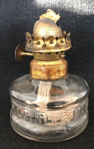 Vintage / Antique Little Banner Clear Glass Miniature Oil Lamp - No Chimney