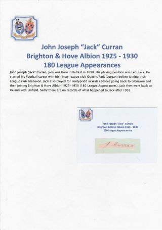 Jack Curran Brighton & Hove Albion 1925 - 30 Very Rare Autograph Cutting