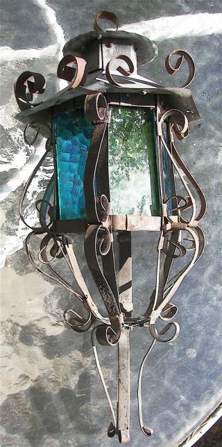Vintage Gothic Scrolled Wrought Iron Blue & Green Stained Glass Lantern Shade