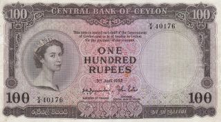 100 Rupees Fine - Banknote From British Colony Of Ceylon 1952 Pick - 53 Rare