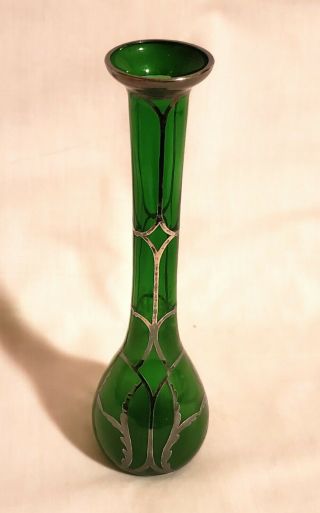 Art Nouveau Style Green Glass With Sterling Silver Overlay 8” Vase