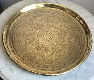 Antique Round 43cm Persian Brass Tray Charger With Raised Edge