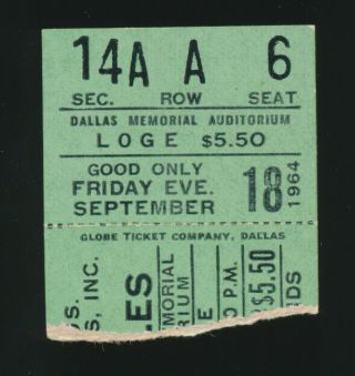 Beatles Rare 1964 Concert Ticket Stub For Their Dallas Auditorium Concert
