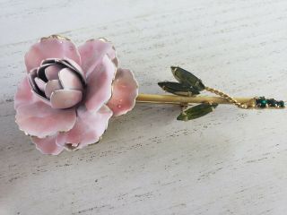Vintage Brooch Pin Designer Signed Weiss Enamel Flower Rose Green Stones Rare