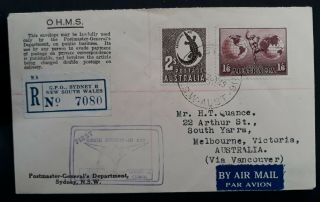 Rare 1949 Australia 1st Flight Cover Sydney To Vancouver Canada On Ohms Envelope