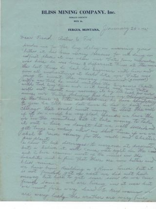 1921 Letter On Letterhead From The Bliss Mining Company Of Fergus Montana