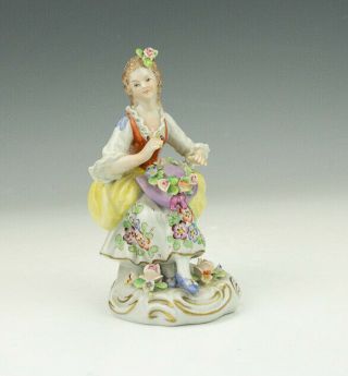 Antique Sitzendorf Porcelain Hand Painted & Flower Encrusted Lady Figurine