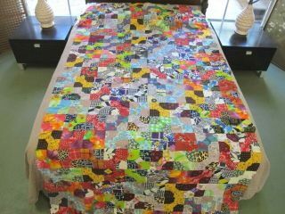 Vintage Feed Sack Machine Pieced Bow Tie Quilt Top,  Many Prints; 101 " X 52 "